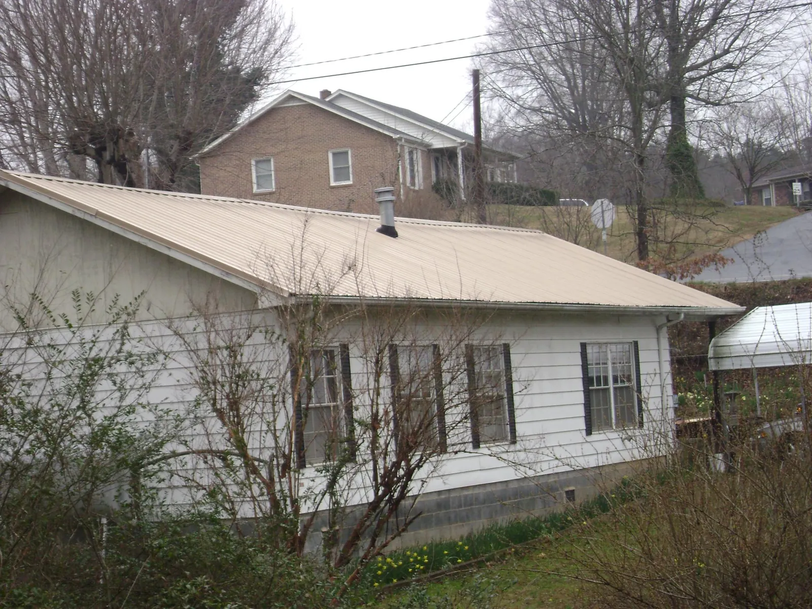 Tan metal roof on a white sided house set into a hillside in Imperial Beach